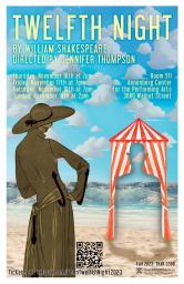 Twelfth Night poster featuring show information, a beach setting, a woman dressed in 20's beach outfit seen from behind, and a striped vintage bathing tent with a man's silhouette cut out of it