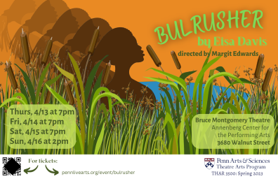 Bulrusher by Eisa Davis, directed by Margit Edwards, poster design features a silhouette of a girl in the bulrushes with a body of water in the background